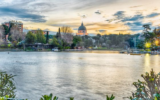 Scenic view over the artificial lake in the EUR district, Rome, Italy