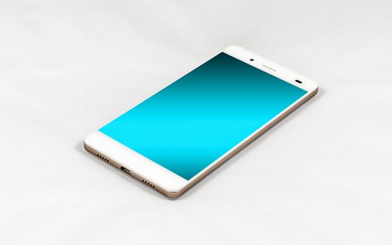 Modern smartphone with blank blue screen, lies on the surface, isolated on white background