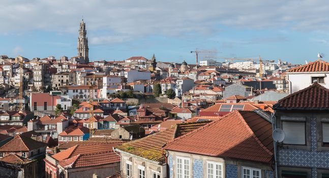 Porto, Portugal - November 30, 2018: View of the typical architecture of the historic city center from the top of the hill on an autumn day