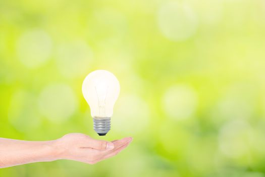 Human hand concept, saving energy from light bulbs, natural bokeh background