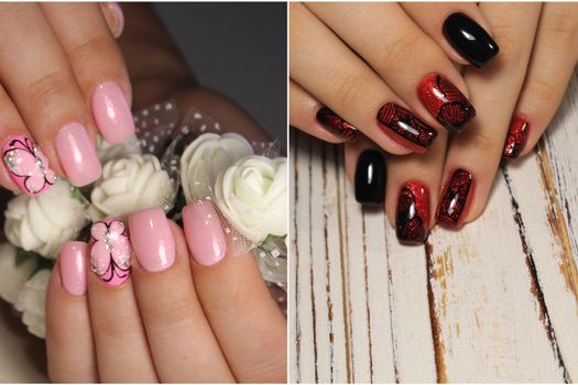 A diverse range of nail design.Solid color manicure with bright nail polishes.Collage by nail art.