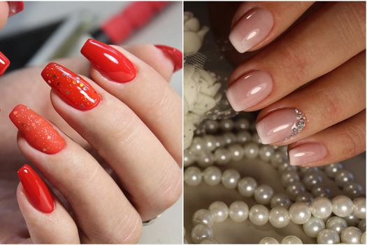 A diverse range of nail design.Solid color manicure with bright nail polishes.Collage by nail art.