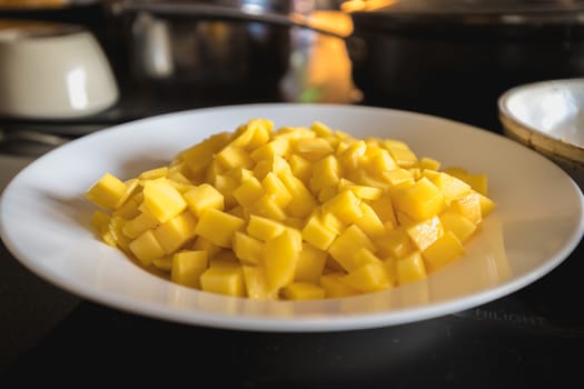 mango cut into cubes in a white plate on a kitchen worktop
