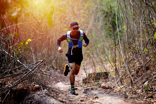 A man Runner of Trail and athlete's feet wearing sports shoes for trail running in the forest