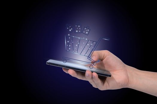 Shopping online with smartphones blue backdrop. 3D illustration