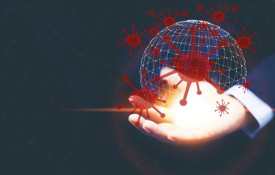 A man hand holding the Earth attacked by novel coronavirus,Pandemic,COVID-19. COVID-19 global outbreak. Dangerous virus epidemic and Coronavirus epidemic concept