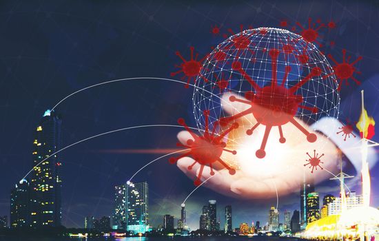 A man hand holding the Earth attacked by novel coronavirus,Pandemic,COVID-19. COVID-19 global outbreak. Dangerous virus epidemic and Coronavirus epidemic concept
