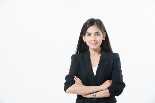 Asian business women are smiling and working happy on white background
