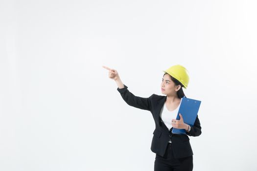 Asian women engineering inspecting and working and holding blueprints and clipboard checking isolated on white background
