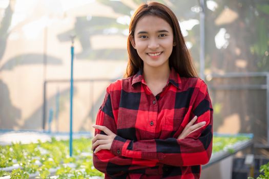 Smiling Asian woman farmer in greenhouse hydroponic organic.Small business entrepreneur and organic vegetable farm and healthy food concept