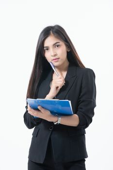 Asian business women are smiling and holding with clipboard for working happy on white background