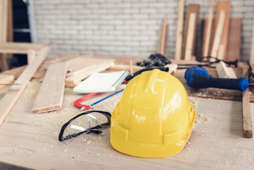 Carpenter Tool and Table Workspace in Shop House, Furniture Equipment Tools for Timber Craftsman. Carpentry Occupation and Skill Workmanship Concept