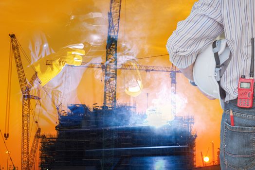 Double Exposure of Welder is Welding Pipeline Fabrication Assembly on Oil and Gas Refinery Manufacturing Plant Background. Technician Welding in Safety Protective Equipment is Working Metalwork.