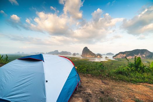 Campsite and Tent for Campfire in Holiday at National Park, Camping Site for Outdoors Leisure Activity Relaxation. Adventure and Vacation Lifestyles Concept