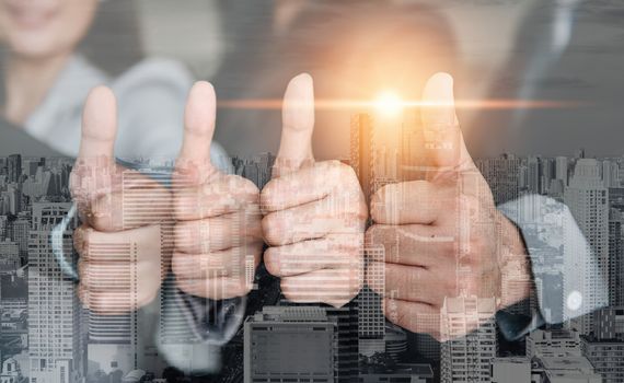 Business People Giving Thumbs Up Trust Support Together, Double Exposure of Business Confident Group Showing Thumb-Up for Trustworthy Work Execution Achievement With City Background. Job Satisfaction