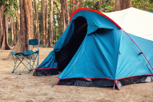 Campsite and Tent for Campfire in Holiday at National Park, Camping Site for Outdoors Leisure Activity Relaxation. Adventure and Vacation Lifestyles Concept