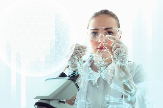 Medical Scientist Researcher Using Microscope in Laboratory,  Medicine Specialist Studying and Experiment Anti Virus Pharmaceutical With Microscopic. Lab Research and Technology Health Care Concept.