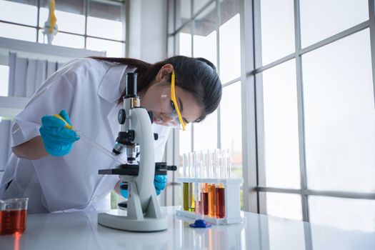 Medical Research and Scientists are working with a microscope and a tablet and Test Tubes, Micropipette and Analysis Results in a laboratory.
