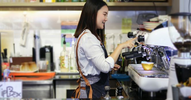 Asian women Barista smiling and using coffee machine in coffee shop counter - Working woman small business owner food and drink cafe concept
