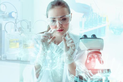 Medical Scientist Researcher Using Microscope in Laboratory,  Medicine Specialist Studying and Experiment Anti Virus Pharmaceutical With Microscopic. Lab Research and Technology Health Care Concept.