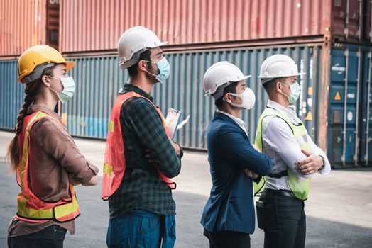 Coronavirus Covid-19 Disease Epidemic Crisis Situation, Construction Worker Standing in Line for Fever Body Scanning Thermometer Scan at Construction Site.Corona-Virus Covid19 Prevention of New Normal