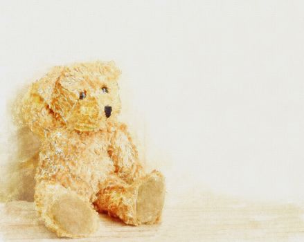 Teddy bear sitting on wooden background, watercolor on paper background, art of watercolor filter