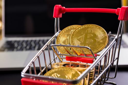 Golden coins with bitcoin symbol in a little shopping cart with computer background.