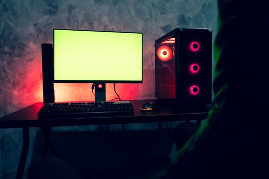 A blank screen computer on a table. E-sport concept.