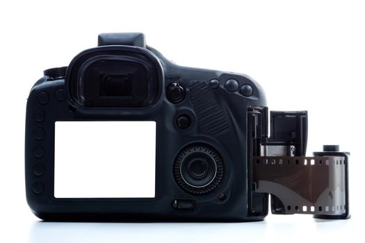 A black digital camera and a film roll on a white background.