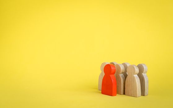 Group of wood figure Stand in rows and leaders standing forward in human resource management concepts Teamwork.Success Leadership, Business Progress and Competition on yellow backgrond and copy space