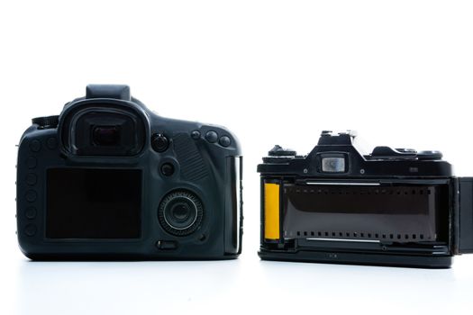 Rear view of digital camera and analog camera white background.