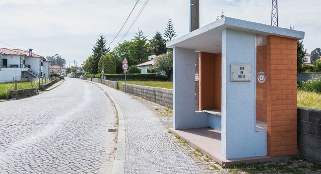 Vila Cha near Esposende, Portugal - May 9, 2018: View of a bus stop in the city center on a spring day