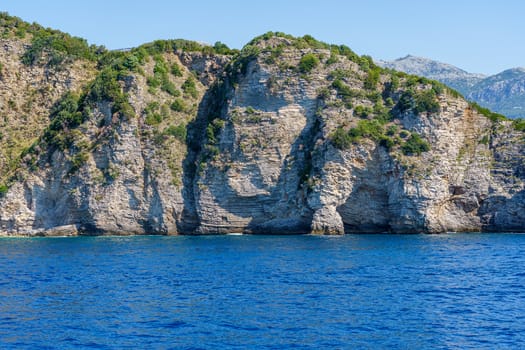 seashore, rocks washed by water and vegetation on them, sunny day