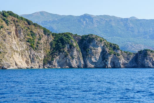 seashore, rocks washed by water and vegetation on them, sunny day