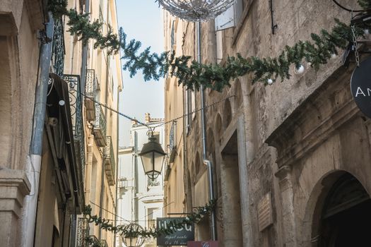Montpellier, France - January 2, 2019: Typical architectural detail of buildings in the streets of the historic city center on a winter day