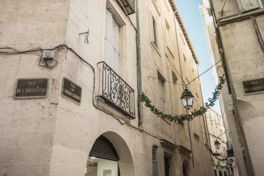 Montpellier, France - January 2, 2019: Typical architectural detail of buildings in the streets of the historic city center on a winter day