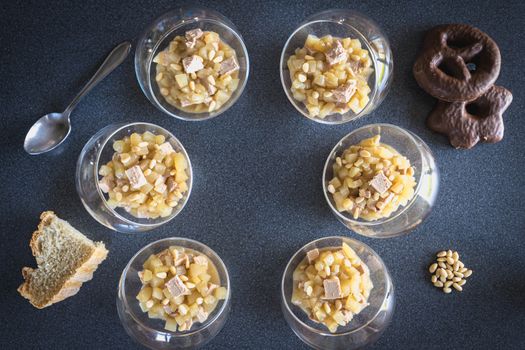 Verrine of pear foie gras and pine nuts in French cuisine