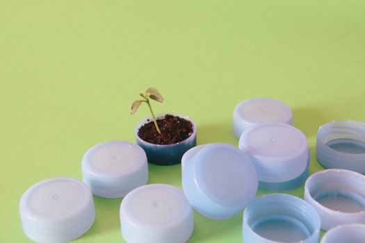 Seedling growing out among plastic bottle caps that shows the concept of hope for nature and the fight against plastic pollution