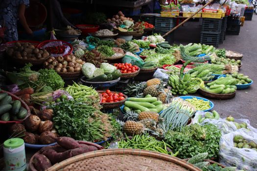 Fresh produce in the local market of Kampot, shows daily life and culture of Cambodia