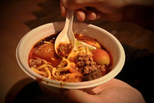 Laksa soup made from wheat noodles and spicy curry coconut milk, a popular dish in Peranakan or Malaysian cuisine