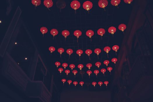 Traditional Chinese lanterns decorating the streets during the Mid-Autumn Festival or Moon Cake Festival