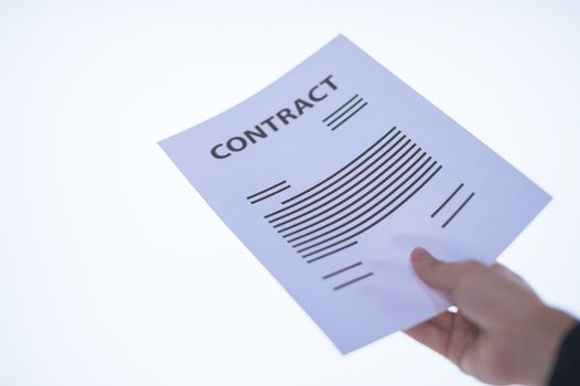Businessman hand holding a document. Scenes white background.