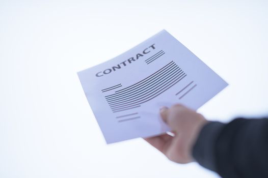 Businessman hand holding a document. Scenes white background.