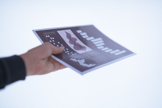 Businessman hand holding a document. Scenes white background.