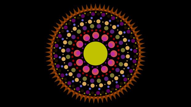 art dot circle and outside small twenty fore thorn yellow orange purple tone on black isolated