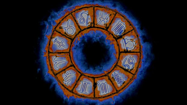 abstract zodiac twelve sign in the flame slot cycle on black screen background