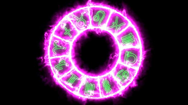 Zodiac twelve sign in the pink flame slot cycle on black screen background