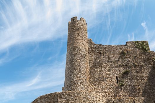 Obidos, Portugal - April 12, 2019: architectural detail of the medieval castle of Obidos on a spring day