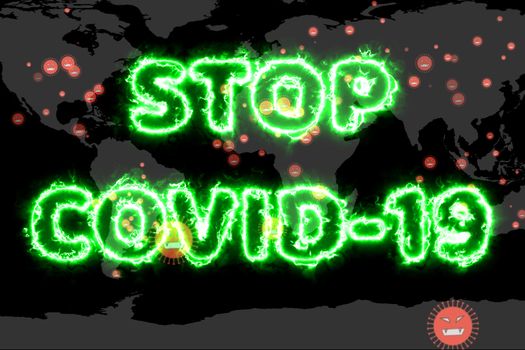 Covid 19 virus has spread all over the world and stop covid-19 green text