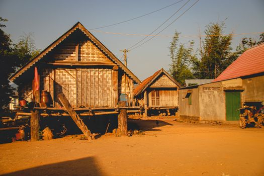 Traditional long house in Buon Don village of Dak LAk Province in the Central Highlands of Vietnam that shows the life, culture and tradition of Vietnamese ethnic tribe